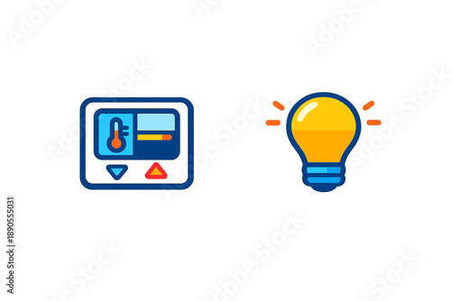 Control panel shows temperature settings and a light bulb symbol indicating power status in a modern home environment