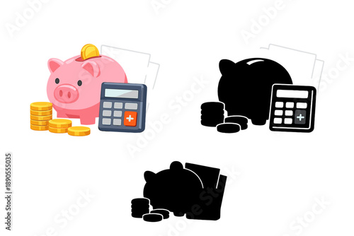 Collection of piggy banks, calculators, and coins representing personal finance and savings concepts during a financial planning session