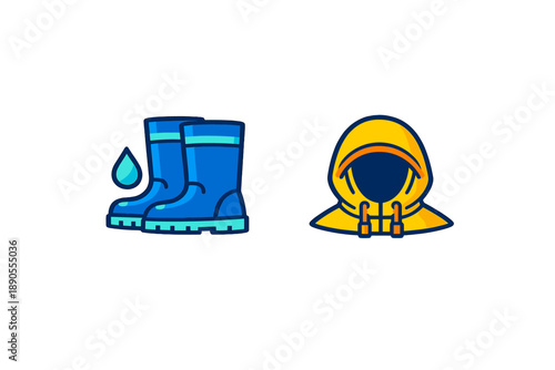 Waterproof boots and a raincoat displayed together before a rainy day activity in a coastal area during early morning hours