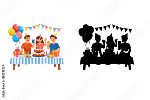 Group of friends celebrate a party with cake and balloons at a table while enjoying treats and drinks during a festive gathering in a lively environment