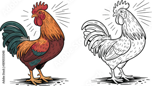Hand drawn rooster illustration featuring colorful and black outline versions, vintage farm animal style, rustic character design ideal for branding and prints