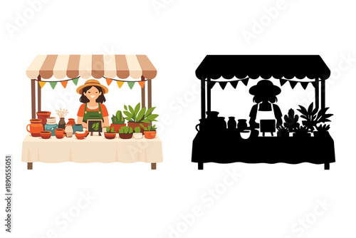 Woman stands at market stall selling plants and pots during day time in a lively market setting with colorful decorations