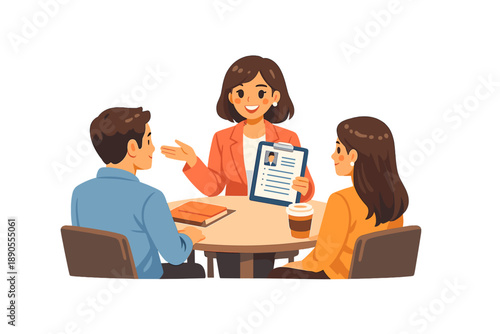 Meeting takes place with a person presenting a resume to two others at a round table while discussing job opportunities during the day