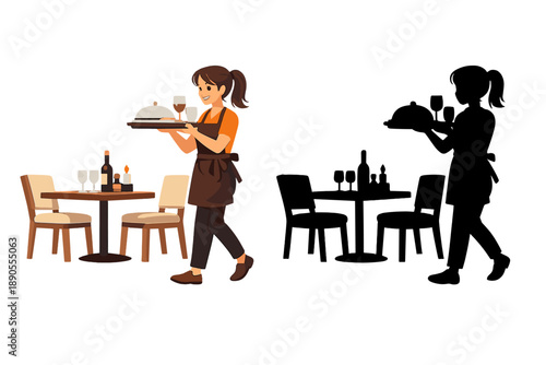 Waitress serves food and drinks in a restaurant setting during a busy evening in the dining area with tables and chairs arranged around