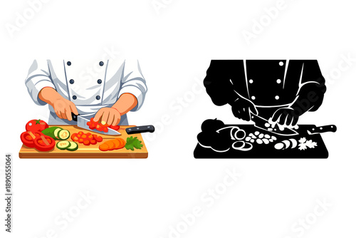 Chef prepares vegetables on a cutting board in a kitchen setting during daylight hours