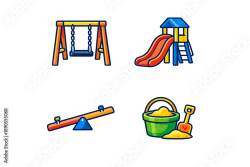 Children play equipment at a park including swings, slides, seesaws, and sandboxes in a colorful and energetic setting for outdoor fun