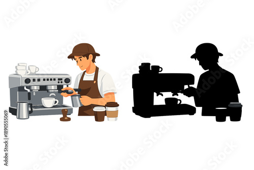 Barista makes coffee drinks in a busy cafe in the morning while using an espresso machine and preparing beverages for customers