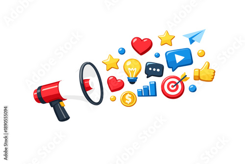 Colorful icons and symbols related to marketing and social media stream from a megaphone in a creative design