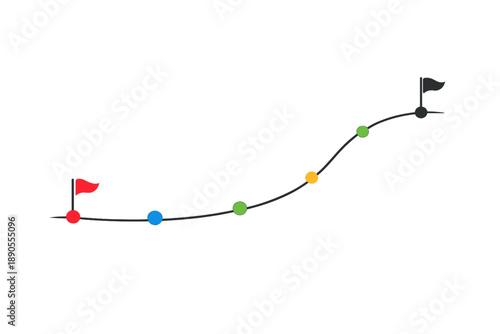 Markers line showing progress along a curved path with flags in red, blue, green, yellow, and black at various points