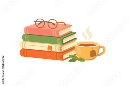 Warm tea beside stacked books with glasses on top for a cozy reading moment at home during a quiet afternoon