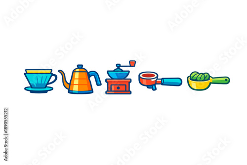 Coffee brewing process with tools arranged from beans to cup in a simple design