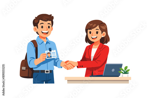 Person hands ID to another person at the reception desk while shaking hands in an office setting during daytime