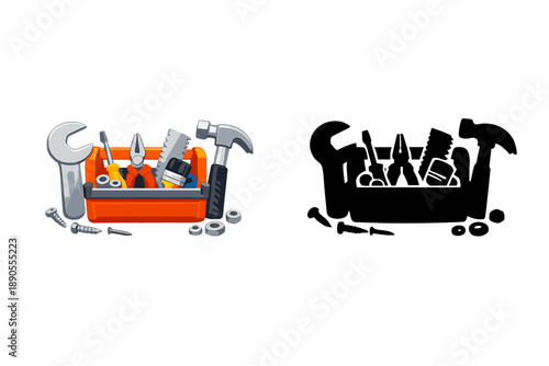 Tool box filled with various tools such as wrenches, pliers, and screws sitting on a white background
