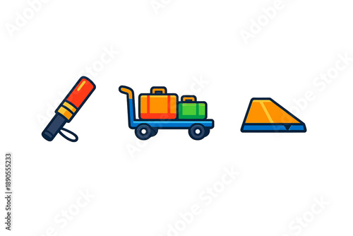 Luggage cart with bags, safety wand, and ramp near airport check-in area during busy travel season