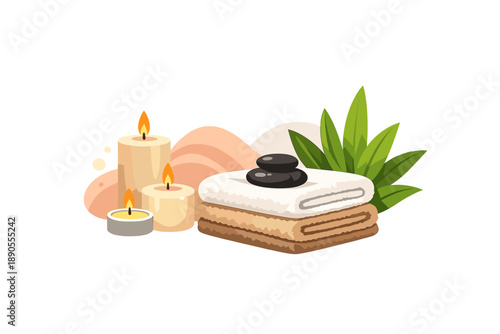 Spa setting with candles, towels, and stones in a simple arrangement showcasing wellness and relaxation items for a soothing experience