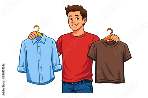 Boy holds two shirts in a shop while deciding which one to wear for his day out with friends