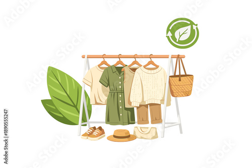 Fashion items hang on a rack made of wood showing casual styles with green colors during daylight