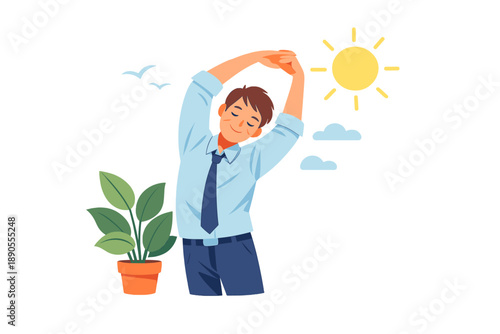 Man stretches beside a plant with sun shining in background during morning hours on a bright and clear day