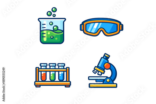 Laboratory equipment and supplies are displayed featuring test tubes, goggles, beakers, and a microscope in a simple arrangement on a white background