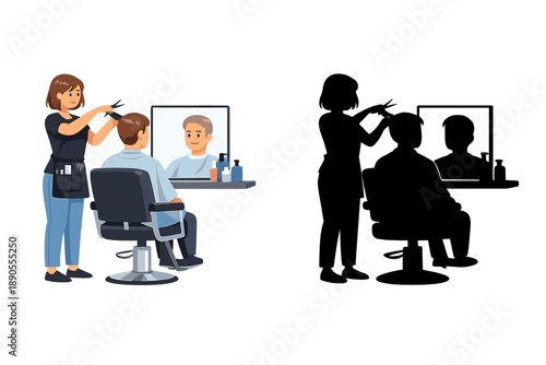 Barber performs haircut for man in salon with mirror and hair products present during daytime