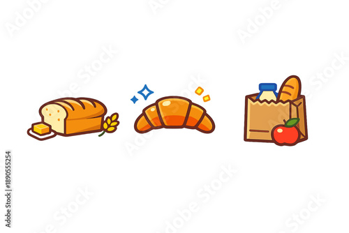 Various types of bread and breakfast items placed on a simple background showing different foods with a focus on bakery products