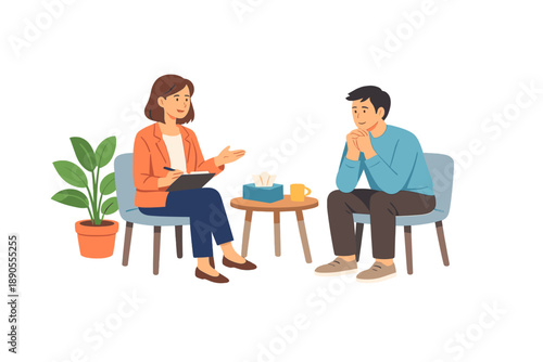 Discussion between a therapist and a client in a comfortable office setting during a counseling session focused on mental health