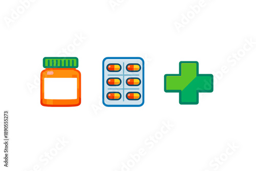 Bottle of medicine, blister pack of pills, and medical cross on plain background showing elements related to health and medication