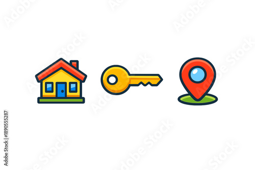 Icons representing home, key, and location in a simple design
