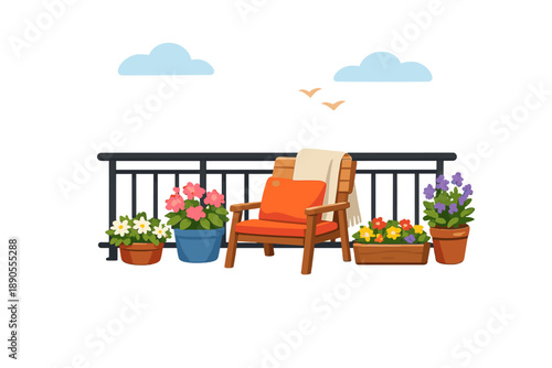 Colorful balcony scene with potted flowers and a wooden chair on a sunny day, creating a cozy outdoor space for relaxation and enjoyment of nature