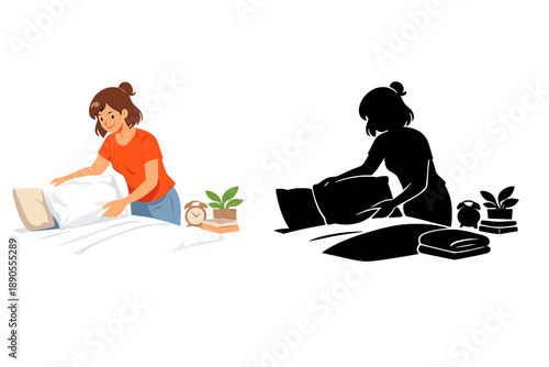 Person makes a bed and arranges pillows while another person prepares to do the same in a split scene showing two different styles of work at home