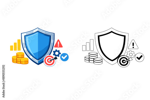 Design of a shield with coins, gears, check marks, and warning signs, representing security and finance, in color and outline forms