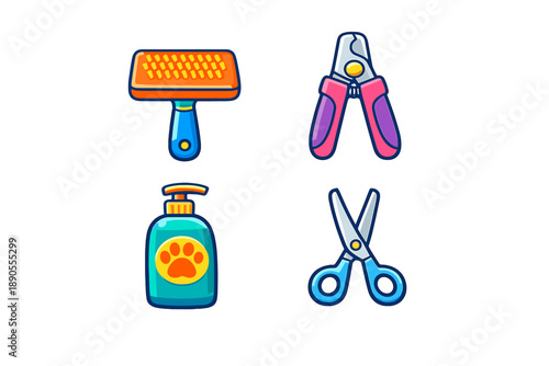 Different tools for grooming pets shown with a hairbrush, nail clippers, shampoo, and scissors displayed on a white background