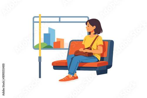 Waiting at a bus stop while sitting on a bench with a city background during the daytime