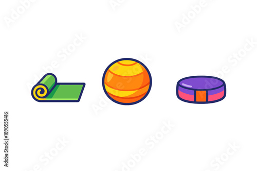 Fitness equipment for home workouts shown in colorful designs and simple shapes to promote exercise at any time and place for all ages