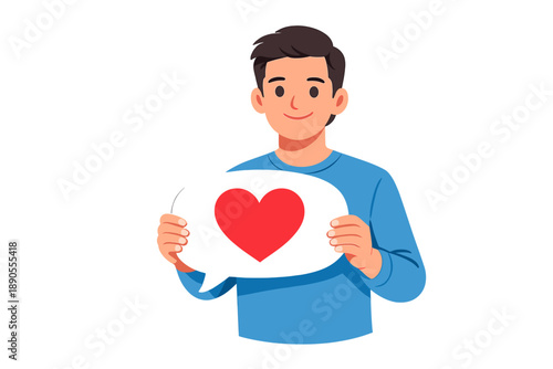 Man holds a sign with a heart in a simple style during a cheerful moment in a creative setting at a casual gathering