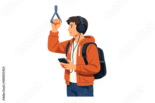 Young man holds onto a strap while listening to music on a phone in an urban setting during the day