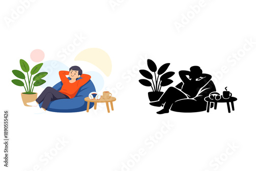 Relaxation in a cozy setting with plants and drinks taking place in a home environment during the late afternoon