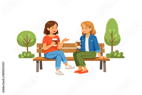 Two friends sit on a bench in a park sharing coffee and conversation during a sunny afternoon surrounded by trees