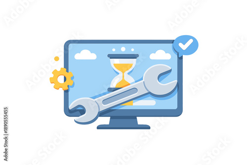 Computer screen shows an hourglass with a wrench and gear, representing time management and maintenance