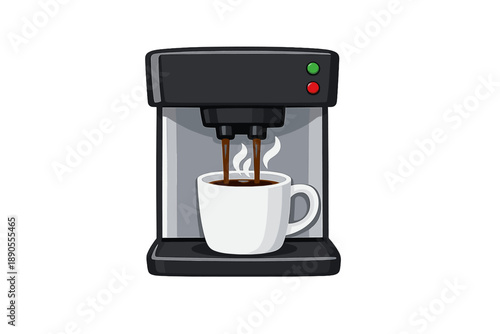 Coffee machine brews fresh coffee into a white cup with steam rising in a kitchen setting at morning time