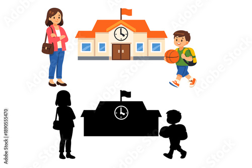 School building with clock, child holding basketball, and parent waiting outside in the afternoon