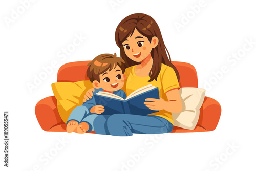 Reading time between mother and child on a couch with cushions in a cozy indoor setting in the afternoon