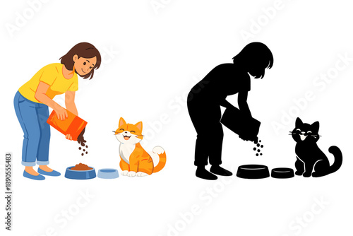 Woman feeds two cats with dry food from a bag in a home setting during daytime hours with a clear view of the pets and their bowls