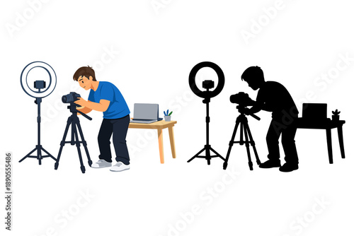 Young person sets up camera on tripod next to laptop to create video content during daytime in a home office setup