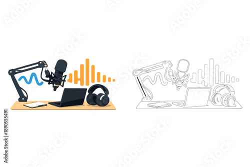 Studio setup with microphone, laptop, headphones, and sound wave visuals in a workspace for podcasting or content creation