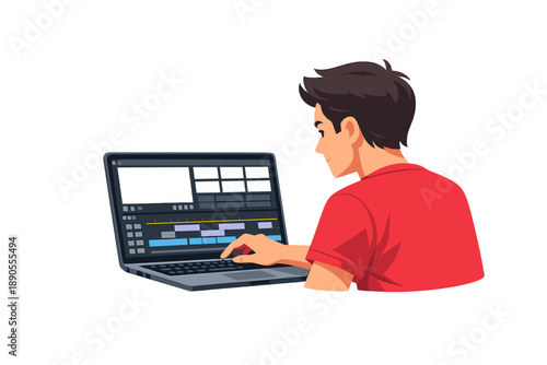 Young person works on video editing using a laptop in a home setting during daytime