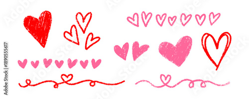 Textured heart elements and borders in red and pink chalk style. Crayon-drawn romantic doodles for handmade cards and Valentine's Day decorations. Chalk crayon drawing love elements.