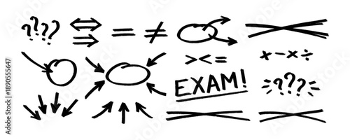 Hand drawn black chalk marks for exams, featuring arrows, circles, question marks, and math symbols. Crayon texture educational doodles for school and testing.