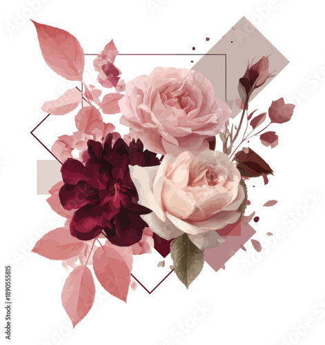 Pastel pink rose flower bouquet with geometric diamond frame vector illustration