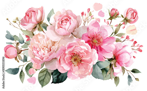 Pink garden rose and peony floral swag vector illustration